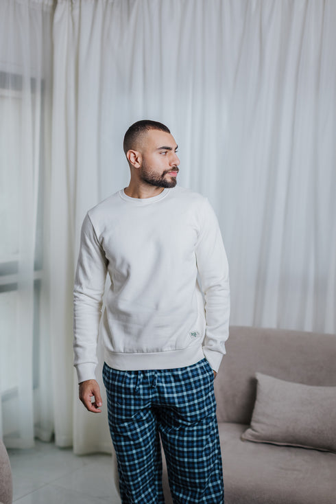Men Winter Pajama Set Off White T-shirt + Light blue x Black Checkered pant